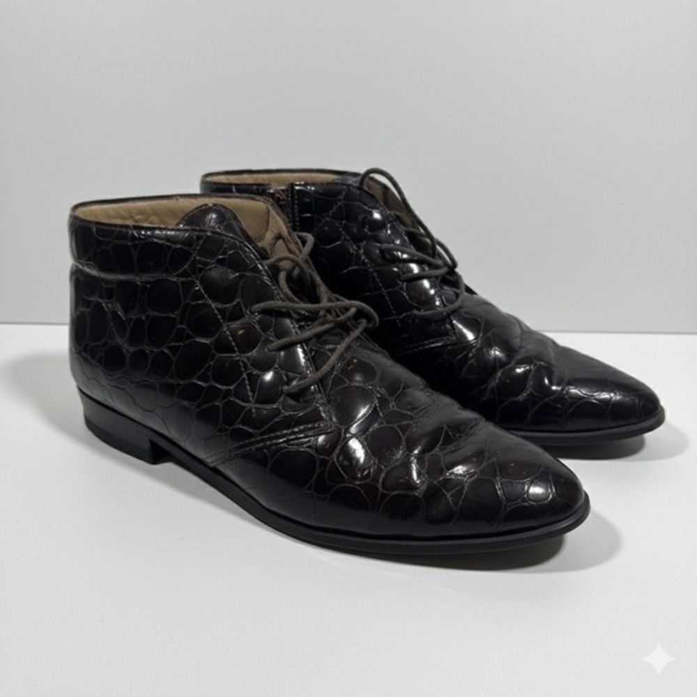 Vintage Lace-Up Oxford Shoes Patent Croc Embossed Brown 7.5 Preppy Quiet Luxury‎